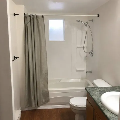 Bathroom featuring vanity, dark wood-type flooring, shower / bath combination with curtain, and a baseboard heating unit