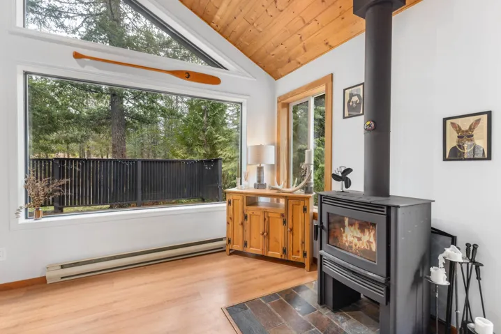 Interior space featuring a baseboard radiator and a wood stove