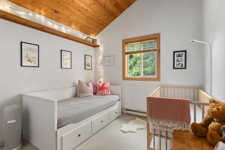 Bedroom featuring wood ceiling, carpet flooring, a baseboard radiator, lofted ceiling, and track lighting
