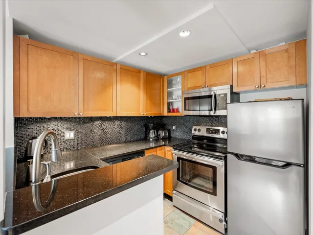 Kitchen featuring stainless steel appliances, a sink, recessed lighting, decorative backsplash, and dark stone counters