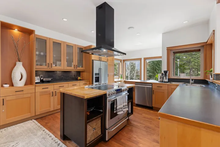 Kitchen with stainless steel appliances, a sink, wood finished floors, decorative backsplash, and island exhaust hood