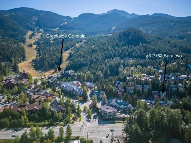 Aerial perspective showcasing the property within a mountainous, tree-covered landscape
