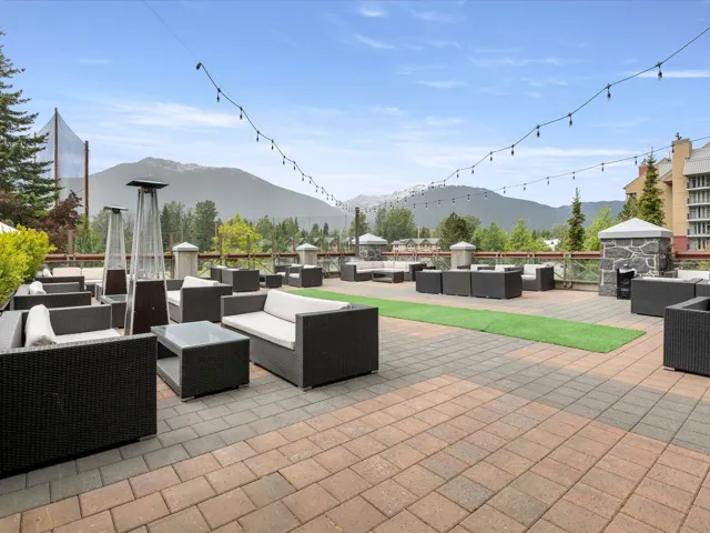 View of patio / terrace featuring an outdoor living space and a mountain view