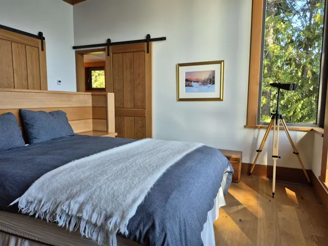 Bedroom featuring wood-type flooring and a barn door