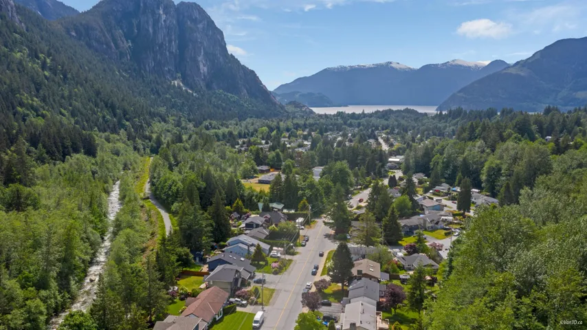 Aerial overview of property's location featuring a heavily wooded area, a mountain backdrop, and nearby suburban area
