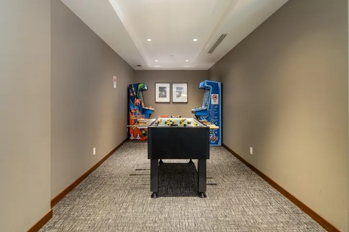Playroom featuring baseboards, carpet flooring, recessed lighting, and a tray ceiling