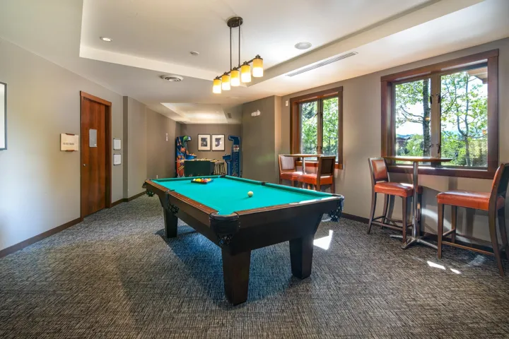 Rec room featuring carpet, pool table, baseboards, and recessed lighting