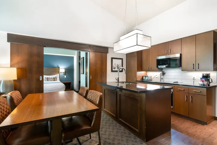 Kitchen featuring stainless steel microwave, dark countertops, a sink, tasteful backsplash, and dark wood-style floors
