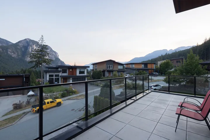 Balcony at dusk with a mountain view and a residential view