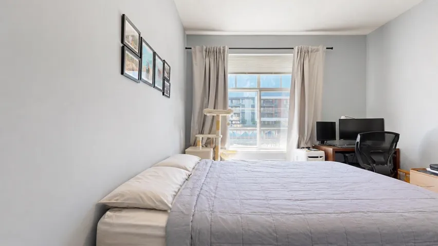 Room featuring light gray painted walls and a window with a roller shade and drapes