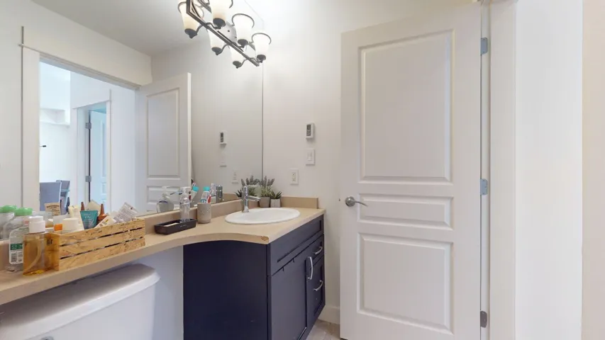 Vanity with an oval undermount sink, dark cabinetry, and light countertop