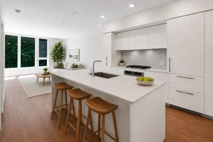 Open-concept kitchen and living area featuring wood-finish flooring