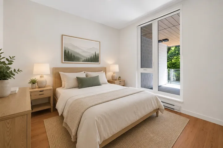 Bright room featuring wood-finish flooring and a large window with direct access to an outdoor balcony