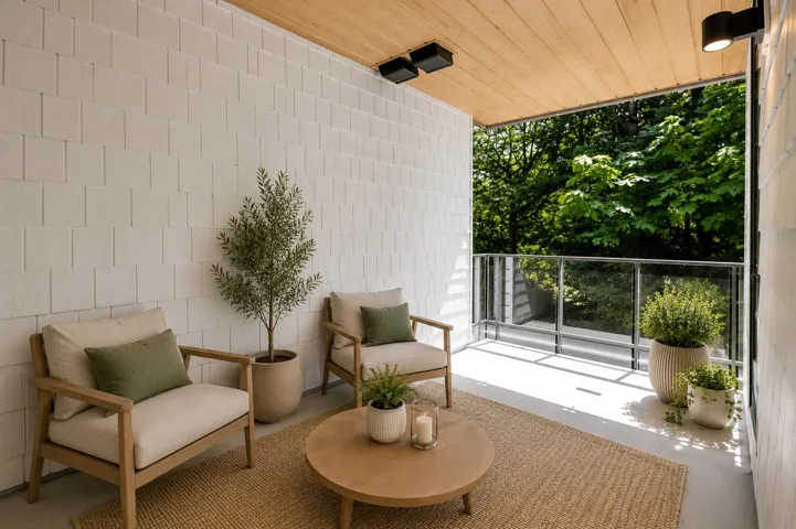 Private balcony featuring a wood-panel ceiling, textured white wall cladding, and a glass-paneled railing