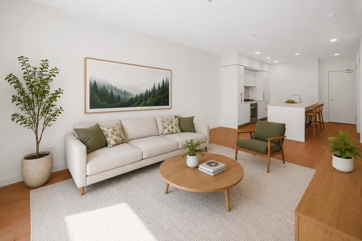 Open-concept living space featuring wood-finish flooring, recessed lighting, and a neutral color palette