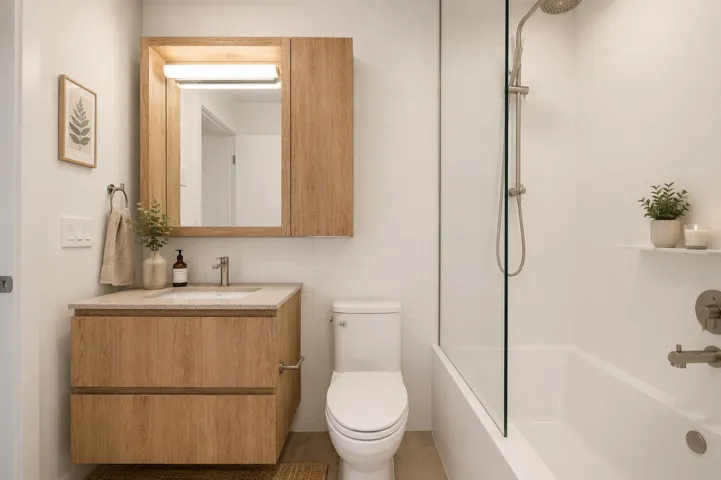 Contemporary bathroom featuring a floating wood-finish vanity with an integrated sink, illuminated mirrored medicine cabinet, a full-size tub with an overhead shower, and a frameless glass shower panel