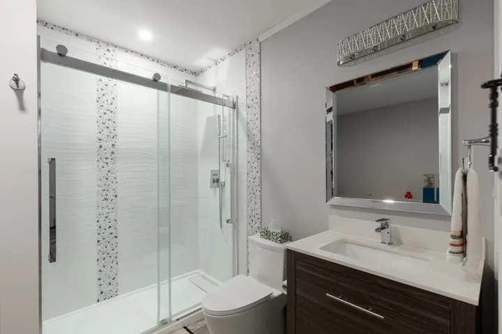 Bathroom featuring toilet, a shower stall, and vanity