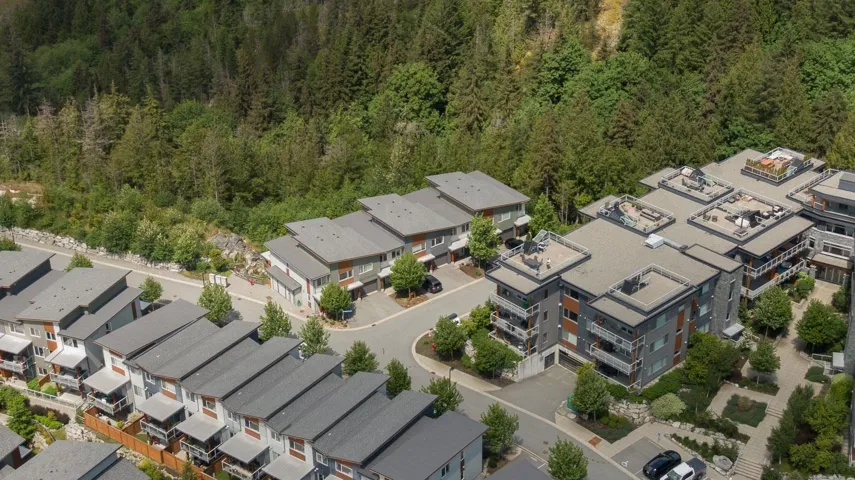 Aerial view of residential area featuring a heavily wooded area