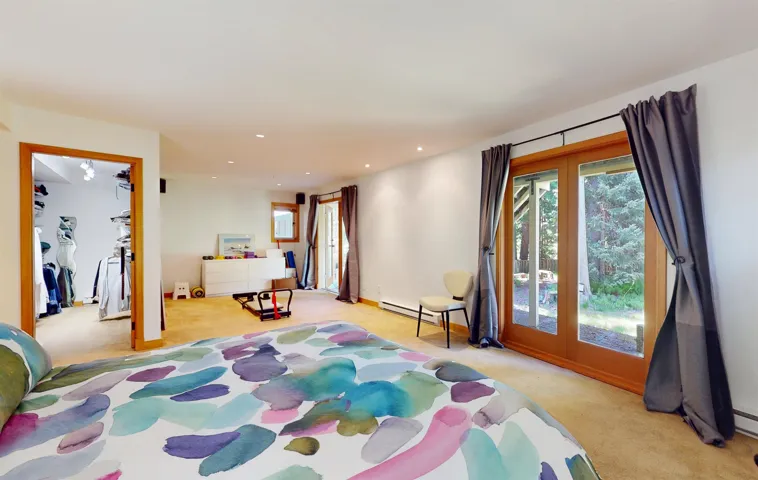 Carpeted bedroom featuring recessed lighting and a walk-in closet with built-in shelving