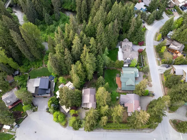 Aerial overview of a residential area surrounded by dense conifer and deciduous trees