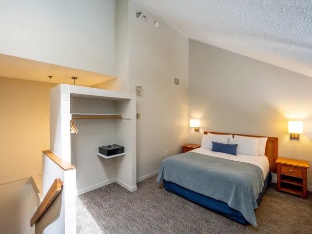Carpeted bedroom with vaulted ceiling and a textured ceiling