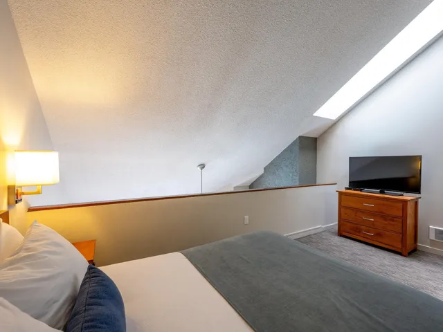 Carpeted bedroom featuring a skylight, lofted ceiling, and a textured ceiling