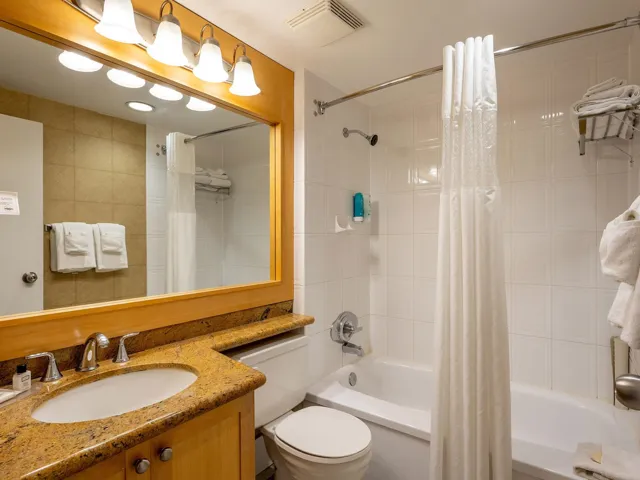 Full bath with shower / bath combination with curtain and vanity