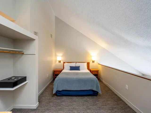 Carpeted bedroom with lofted ceiling and a textured ceiling