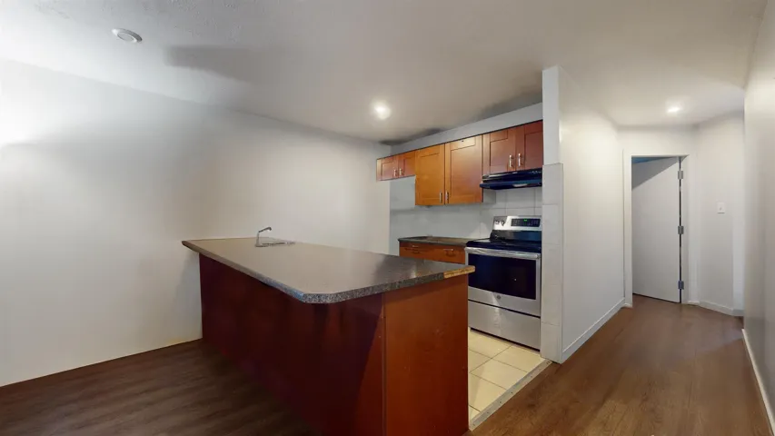 Kitchen featuring stainless steel electric stove, under cabinet range hood, light wood-style floors, dark countertops, and a peninsula