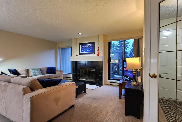 Carpeted living area featuring a textured ceiling, a fireplace, recessed lighting, and a baseboard radiator