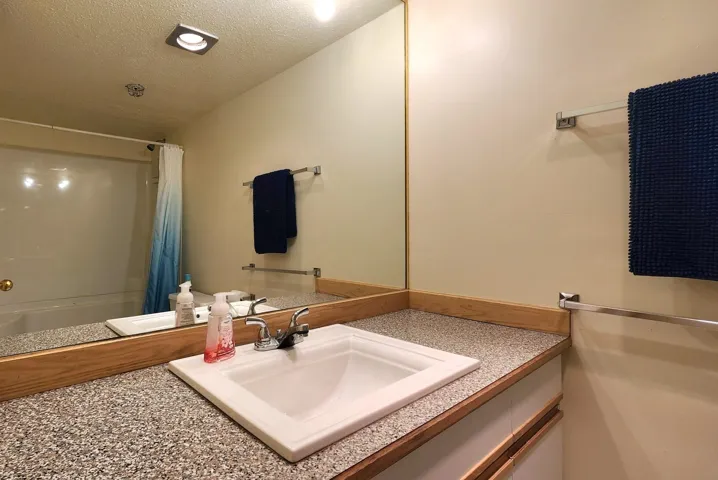 Bathroom with vanity, a textured ceiling, and shower / bath combo with shower curtain