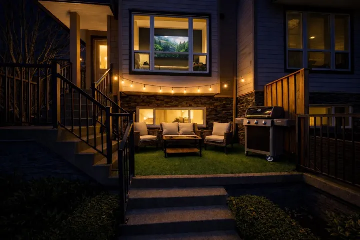 Back of property featuring stone siding, an outdoor living space, a yard, and a patio area