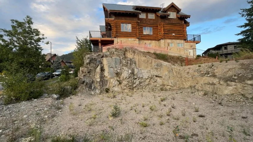 Back of property featuring a balcony, log siding, and a metal roof