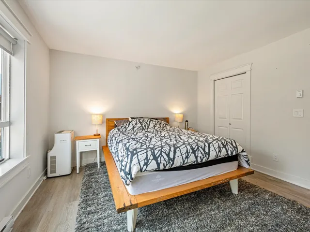 Bedroom with a closet, light wood-style flooring, and baseboard heating