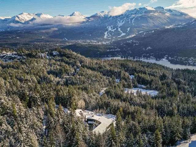 Aerial overview of property's location featuring a mountain backdrop and a forest