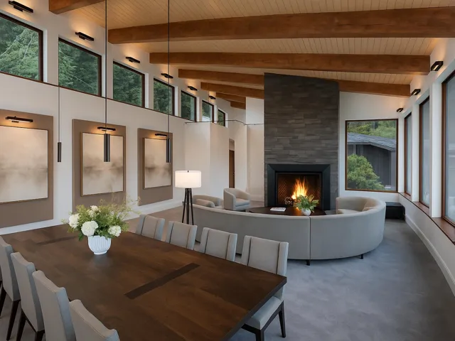 Carpeted dining space with a stone fireplace, a wooden ceiling with exposed beams, and high vaulted ceiling