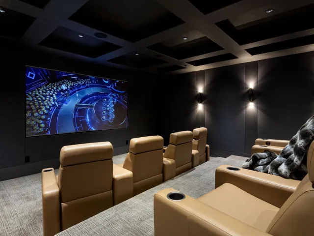 Home theater featuring carpet, coffered ceiling, beam ceiling, and recessed lighting