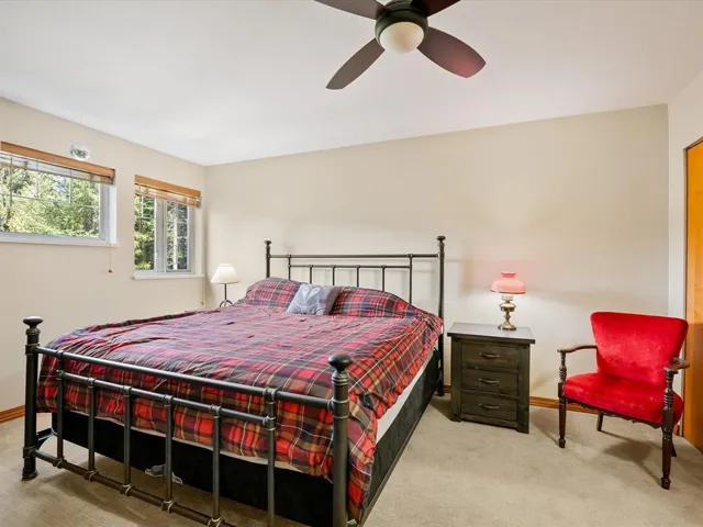 Carpeted room featuring a ceiling fan, two windows with blinds, and neutral wall paint