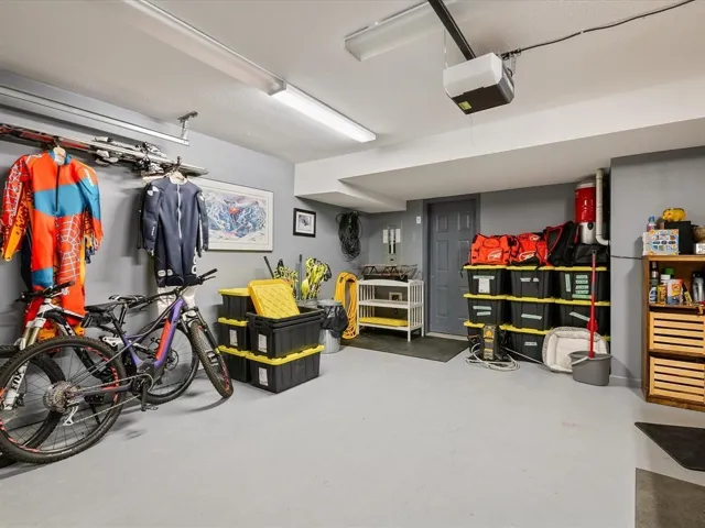 Attached garage with light gray walls and flooring, featuring overhead fluorescent lighting and a mounted garage door opener