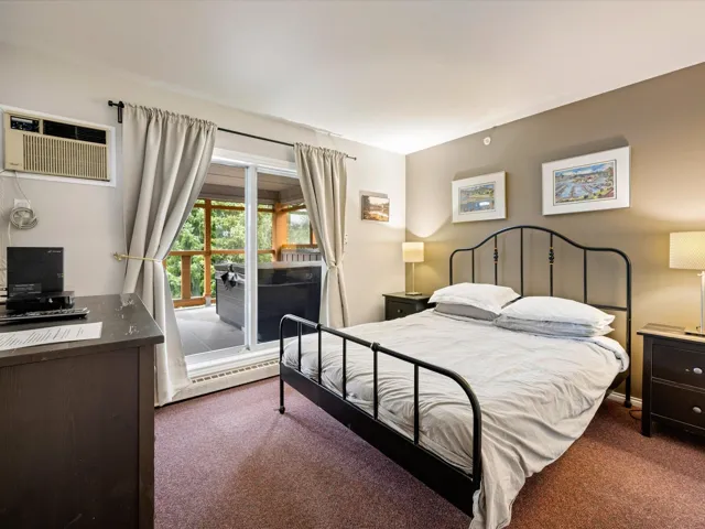 Bedroom with access to outside, a wall unit AC, carpet, and a baseboard heating unit