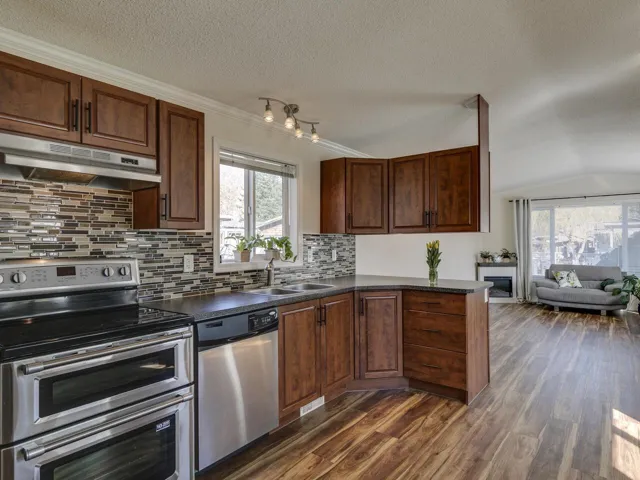 Kitchen with stainless steel appliances, backsplash, a peninsula, dark wood-style floors, and open floor plan
