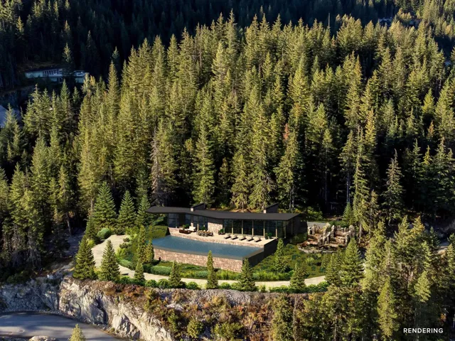 Aerial view of property's location with a pool and a forest