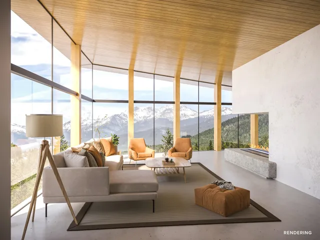 Sunroom with a mountain view, concrete floors, and floor to ceiling windows