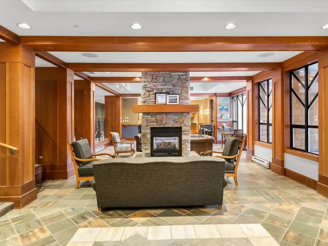 Living room with a stone fireplace, a baseboard radiator, and recessed lighting