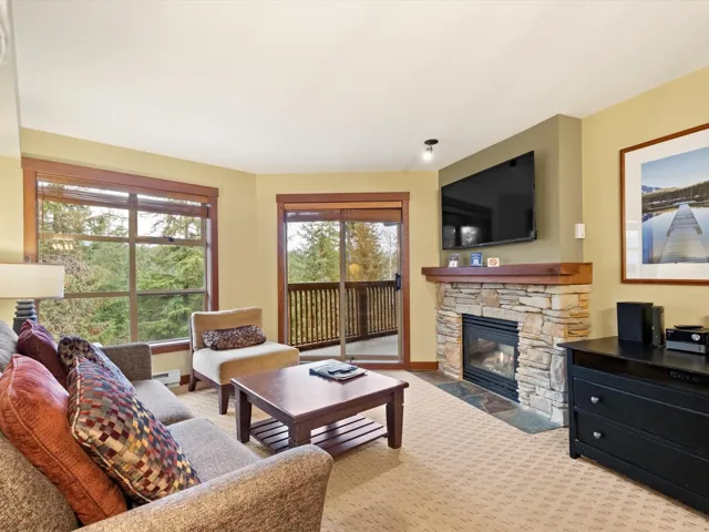 Living room with a stone fireplace, light colored carpet, and a baseboard radiator