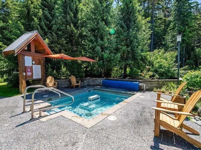 View of pool with a patio and a wooded view