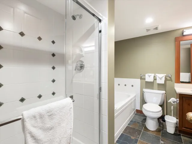 Full bathroom featuring vanity, a stall shower, a garden tub, and stone tile flooring