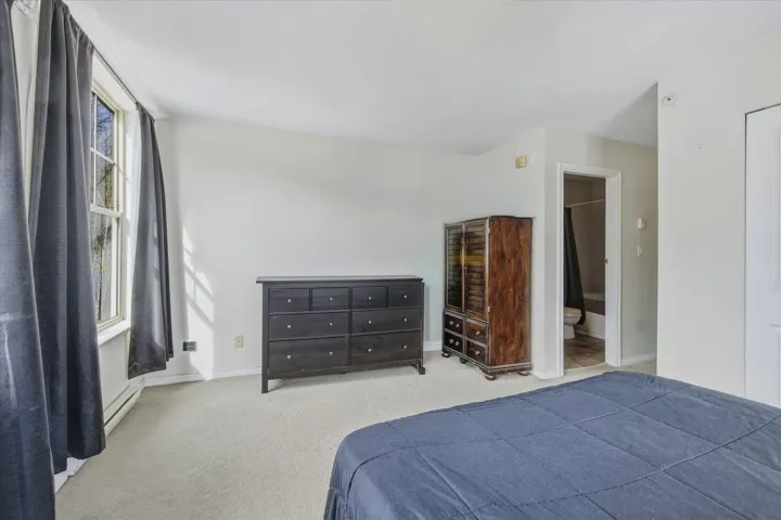 Bedroom featuring light carpet, a baseboard radiator, and connected bathroom