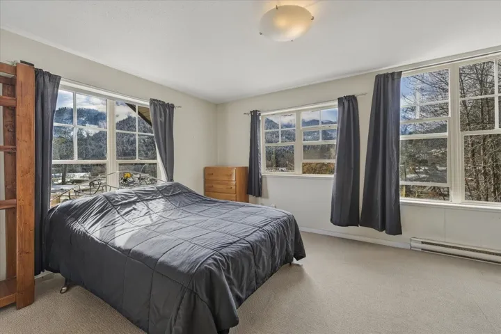 Carpeted bedroom featuring baseboard heating and multiple windows