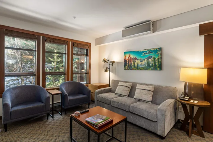 Living area featuring dark colored carpet